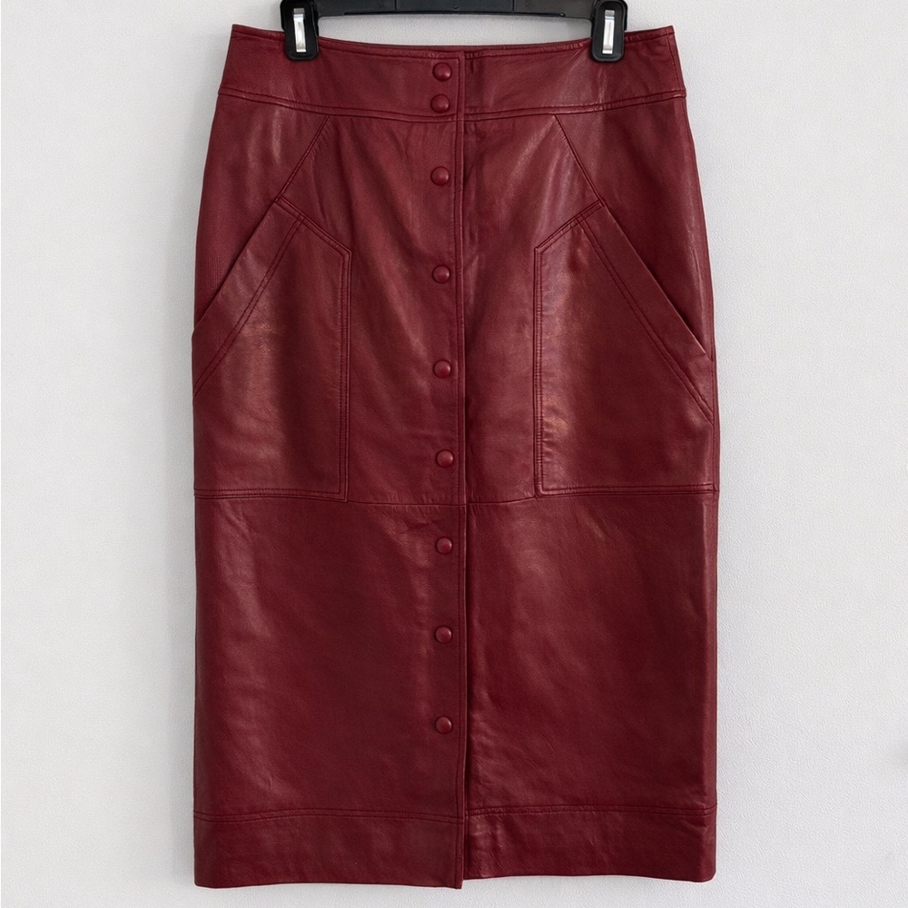 Walter Baker Noelle Wine Leather Snap Front Midi Skirt NWT Size 8 - Picture 2 of 14
